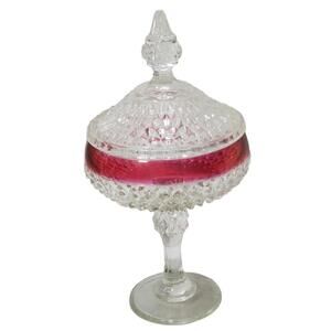 Clear & Cranberry Indiana Glass Diamond Point Pedestal Lidded Candy Dish Compote
